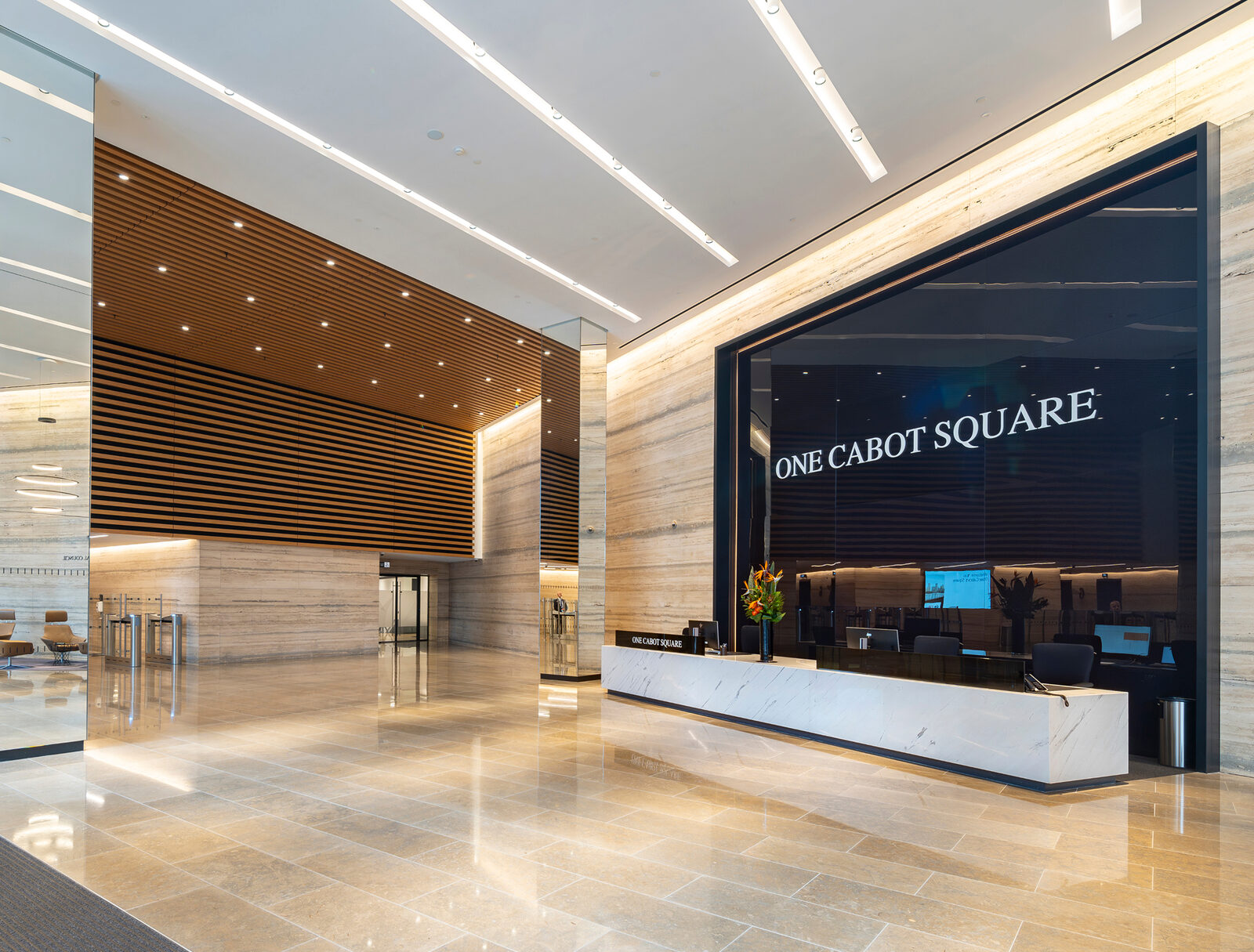 One Cabot Square reception, with illuminated signage